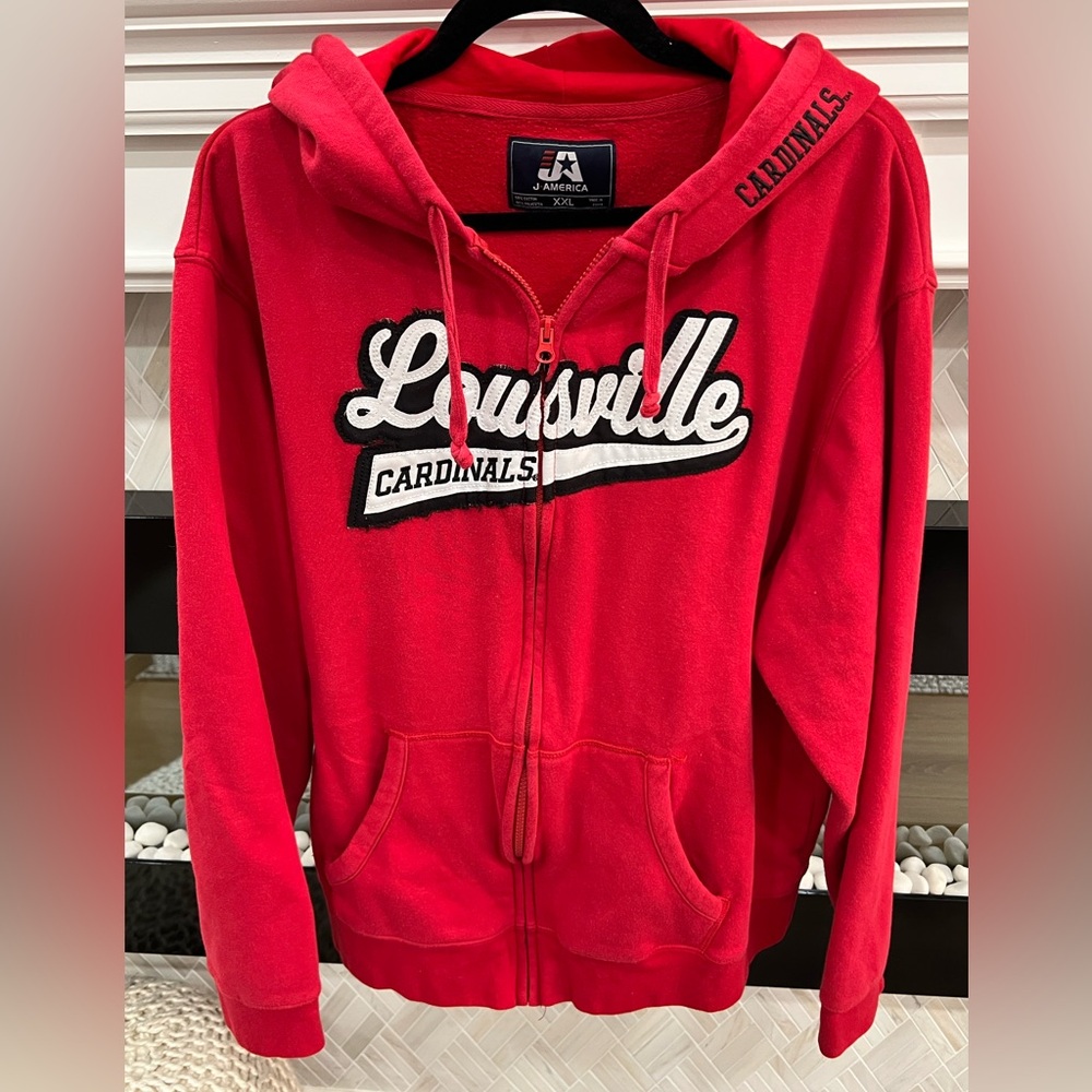 J. America Louisville Cardinals Red Full Zip Hoodie w. Cardinals Hood Accent XXL